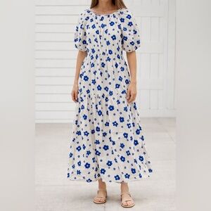 ROSIE From Seoul Blue Floral Midi Dress Puff Sleeve Cotton Cottage core size L